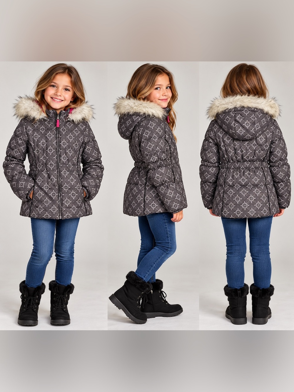 London Fog Girls Gray Snowflake Puffer Jacket Fux Fur Hood S 7 8